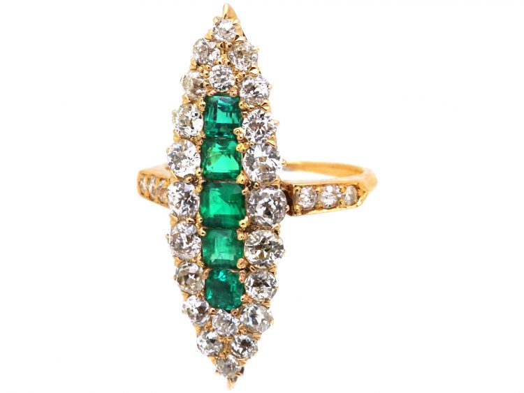 Victorian 18ct Gold, Emerald & Diamond Large Marquise Ring