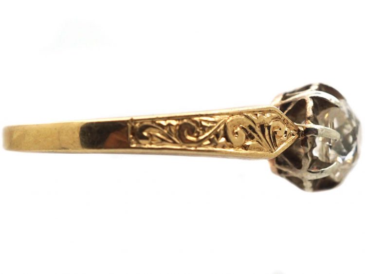 Edwardian 18ct Gold & Diamond Solitaire Ring with Engraved Shoulders