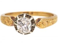 Edwardian 18ct Gold & Diamond Solitaire Ring with Engraved Shoulders