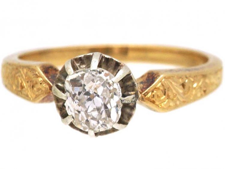 Edwardian 18ct Gold & Diamond Solitaire Ring with Engraved Shoulders