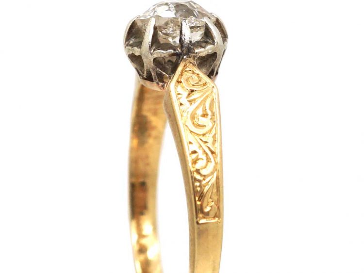 Edwardian 18ct Gold & Diamond Solitaire Ring with Engraved Shoulders