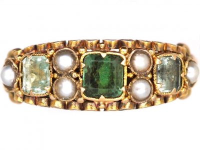 Victorian 15ct Gold Ring set with Emeralds & Natural Split Pearls