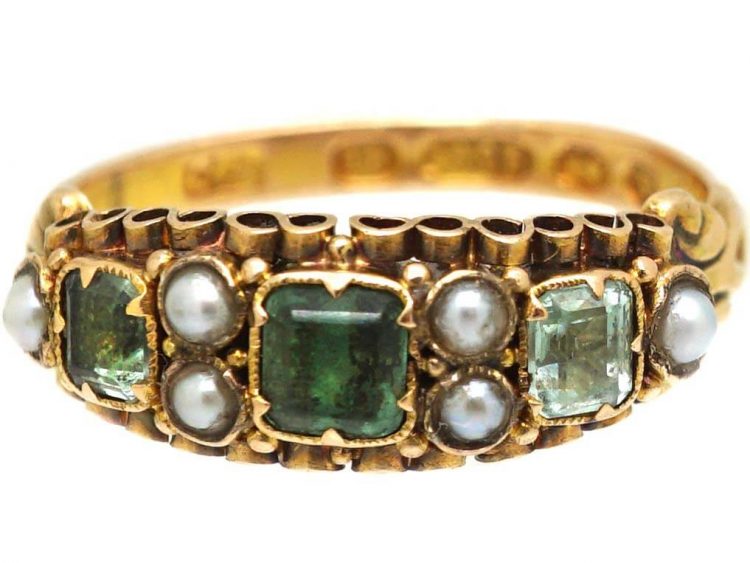 Victorian 15ct Gold Ring set with Emeralds & Natural Split Pearls
