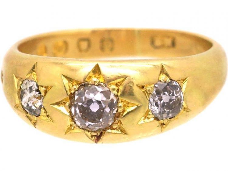 Victorian 18ct Gold Three Stone Old Mine Cut Diamond Gypsy Ring