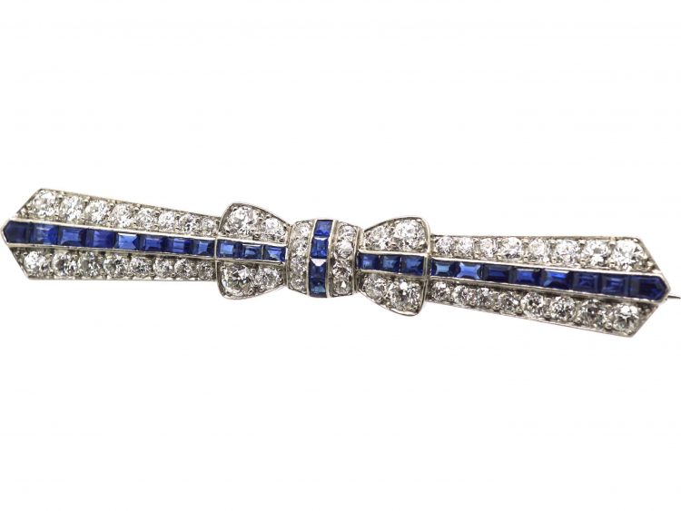 Art Deco Platinum, Sapphire and Diamond Bow Brooch