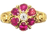 Georgian 18ct Gold Ruby and Diamond Cluster Ring with Ornate Shoulders