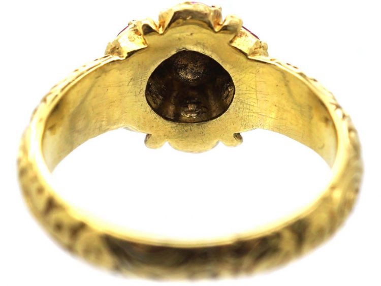 Georgian 18ct Gold Ruby and Diamond Cluster Ring with Ornate Shoulders