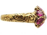 Georgian 18ct Gold Ruby and Diamond Cluster Ring with Ornate Shoulders
