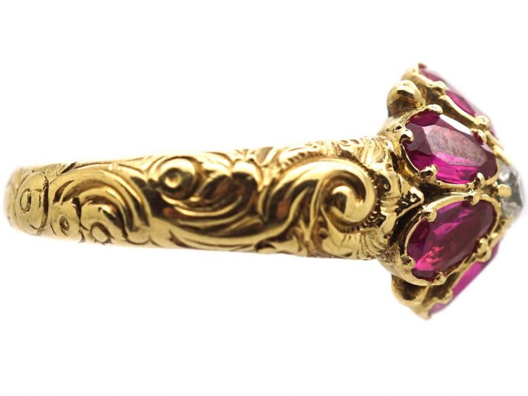Georgian 18ct Gold Ruby and Diamond Cluster Ring with Ornate Shoulders