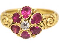 Georgian 18ct Gold Ruby and Diamond Cluster Ring with Ornate Shoulders