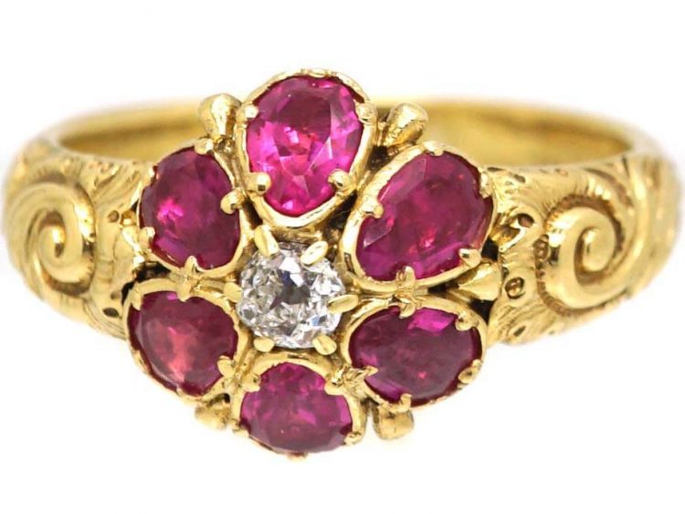 Georgian 18ct Gold Ruby and Diamond Cluster Ring with Ornate Shoulders