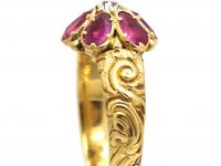 Georgian 18ct Gold Ruby and Diamond Cluster Ring with Ornate Shoulders