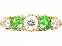 Victorian 18ct Gold Five Stone Demantoid Garnet and Diamond Carved Half Hoop Ring