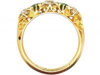 Victorian 18ct Gold Five Stone Demantoid Garnet and Diamond Carved Half Hoop Ring