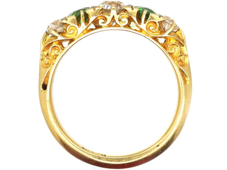 Victorian 18ct Gold Five Stone Demantoid Garnet and Diamond Carved Half Hoop Ring