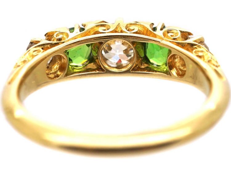 Victorian 18ct Gold Five Stone Demantoid Garnet and Diamond Carved Half Hoop Ring