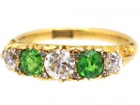 Victorian 18ct Gold Five Stone Demantoid Garnet and Diamond Carved Half Hoop Ring