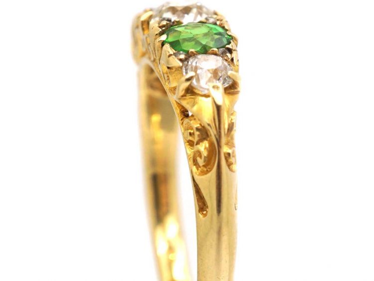 Victorian 18ct Gold Five Stone Demantoid Garnet and Diamond Carved Half Hoop Ring