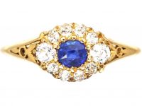 Edwardian 18ct Gold, Sapphire and Diamond Cluster Ring With Engraved Shoulders