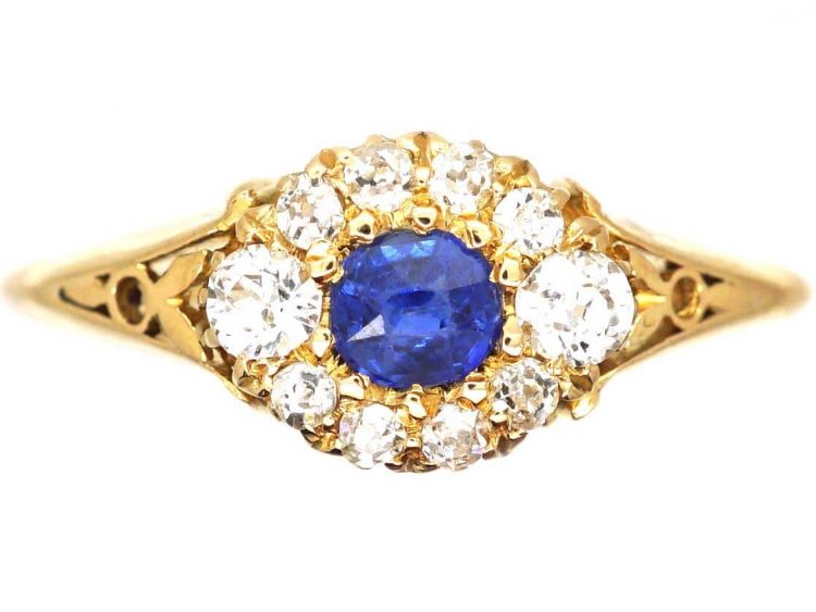 Edwardian 18ct Gold, Sapphire and Diamond Cluster Ring With Engraved Shoulders