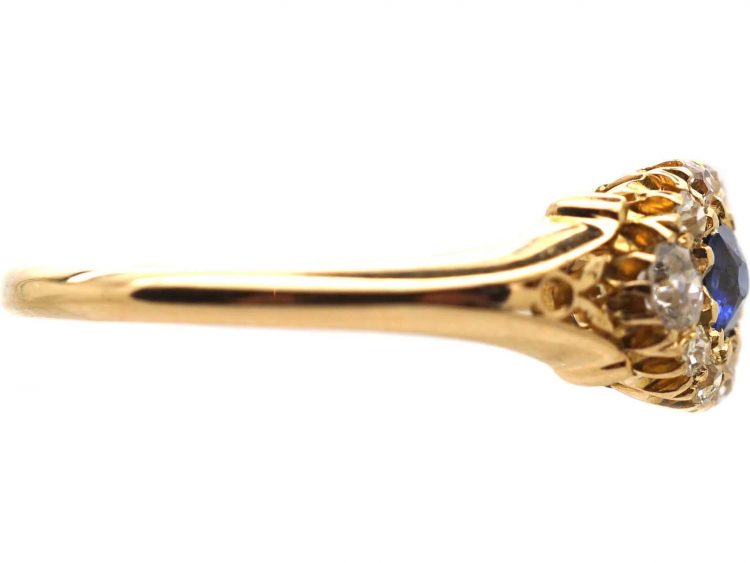 Edwardian 18ct Gold, Sapphire and Diamond Cluster Ring With Engraved Shoulders