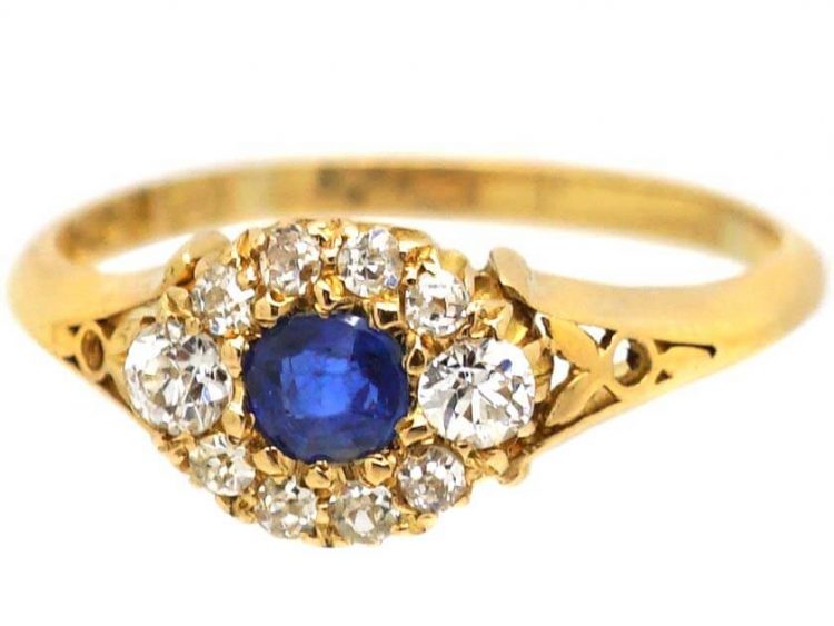 Edwardian 18ct Gold, Sapphire and Diamond Cluster Ring With Engraved Shoulders