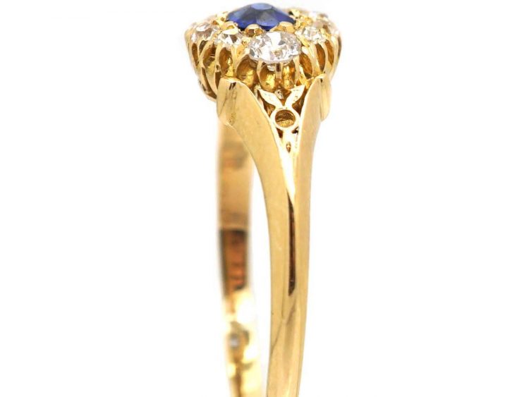 Edwardian 18ct Gold, Sapphire and Diamond Cluster Ring With Engraved Shoulders