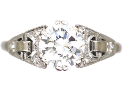 Art Deco 18ct Gold and Platinum Diamond Solitaire Ring with Diamond Set Shoulders