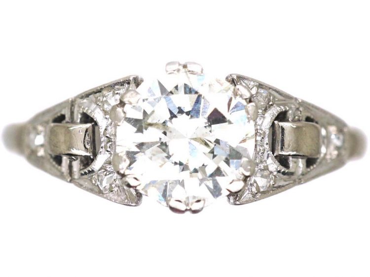 Art Deco 18ct Gold and Platinum Diamond Solitaire Ring with Diamond Set Shoulders