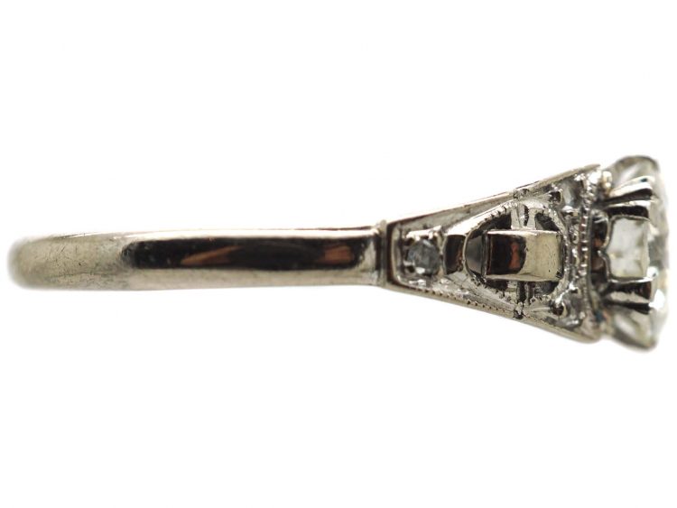Art Deco 18ct Gold and Platinum Diamond Solitaire Ring with Diamond Set Shoulders