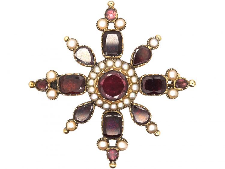 Georgian Flat Cut Garnet & Natural Split Pearl Brooch