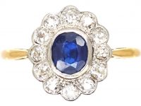 Edwardian 18ct Gold and Platinum Sapphire and Diamond Cluster Ring