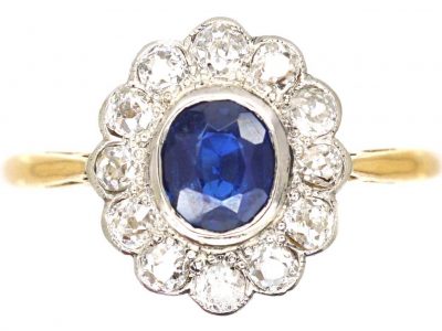 Edwardian 18ct Gold and Platinum Sapphire and Diamond Cluster Ring