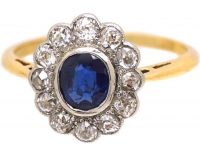 Edwardian 18ct Gold and Platinum Sapphire and Diamond Cluster Ring