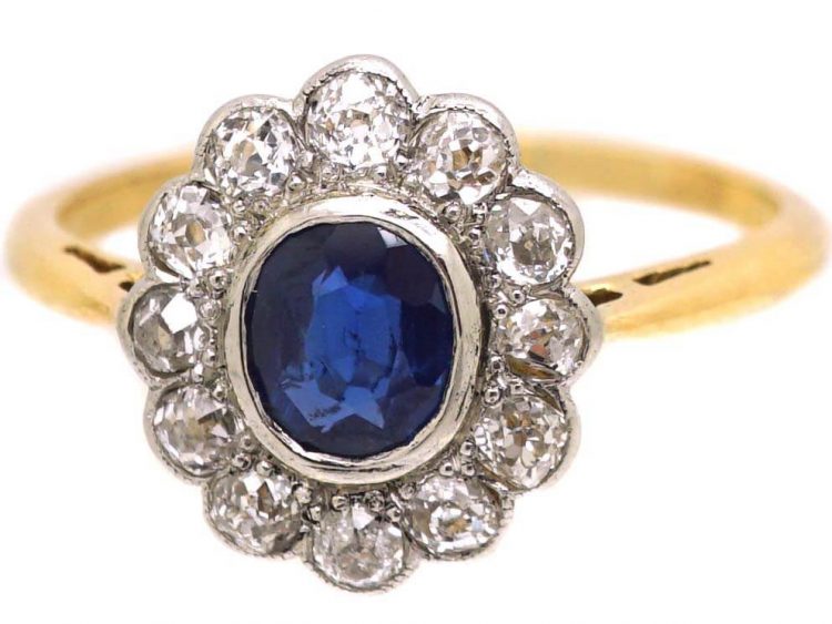 Edwardian 18ct Gold and Platinum Sapphire and Diamond Cluster Ring