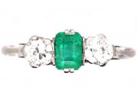 Art Deco 18ct White Gold & Platinum, Emerald and Diamond Three Stone Ring