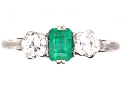 Art Deco 18ct White Gold & Platinum, Emerald and Diamond Three Stone Ring
