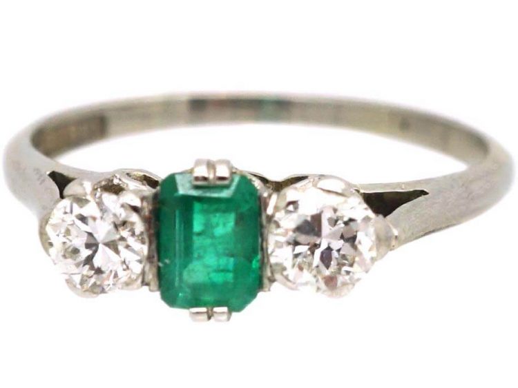 Art Deco 18ct White Gold & Platinum, Emerald and Diamond Three Stone Ring