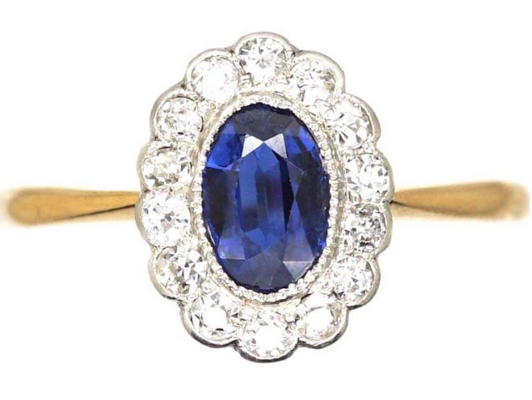 Edwardian 18ct Gold and Platinum, Sapphire and Diamond Cluster Ring