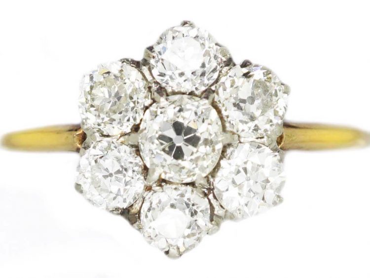 Edwardian 18ct Gold, Old Mine Cut Diamond Daisy Cluster Ring