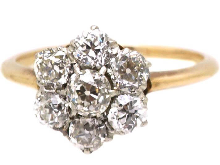 Edwardian 18ct Gold, Old Mine Cut Diamond Daisy Cluster Ring
