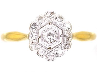 Art Deco 18ct Gold and Platinum Hexagonal Cluster Ring