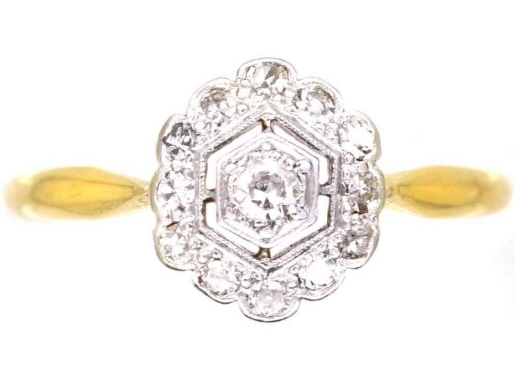 Art Deco 18ct Gold and Platinum Hexagonal Cluster Ring