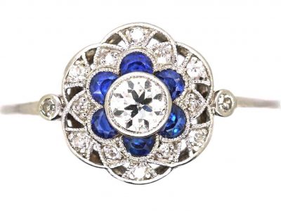 Art Deco Platinum, Diamond and Sapphire Target Ring