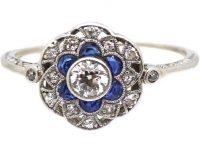 Art Deco Platinum, Diamond and Sapphire Target Ring