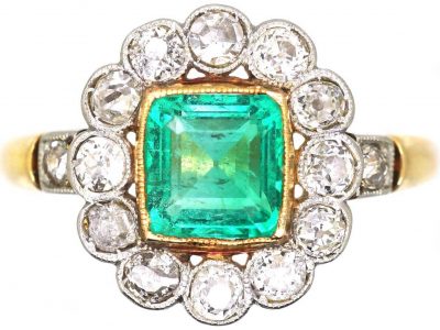 Early 20th Century 18ct Gold and Platinum Emerald and Diamond Cluster Ring