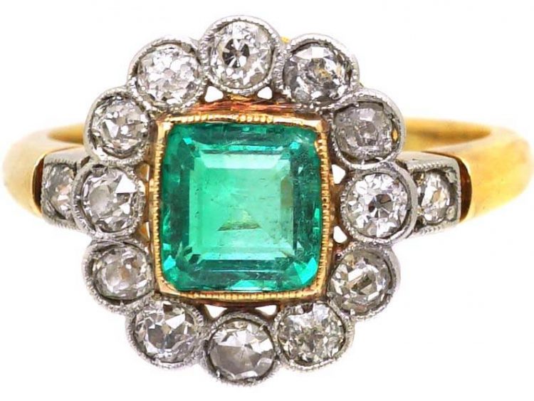 Early 20th Century 18ct Gold and Platinum Emerald and Diamond Cluster Ring