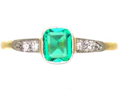 Art Deco 18ct Gold and Platinum, Emerald and Diamond Solitaire Ring