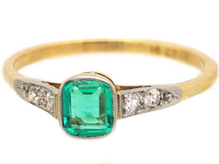 Art Deco 18ct Gold and Platinum, Emerald and Diamond Solitaire Ring