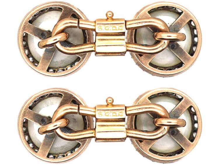 French Early 20th Century 18ct Gold & Platinum Button Cufflinks set with Diamonds & Mother of Pearl